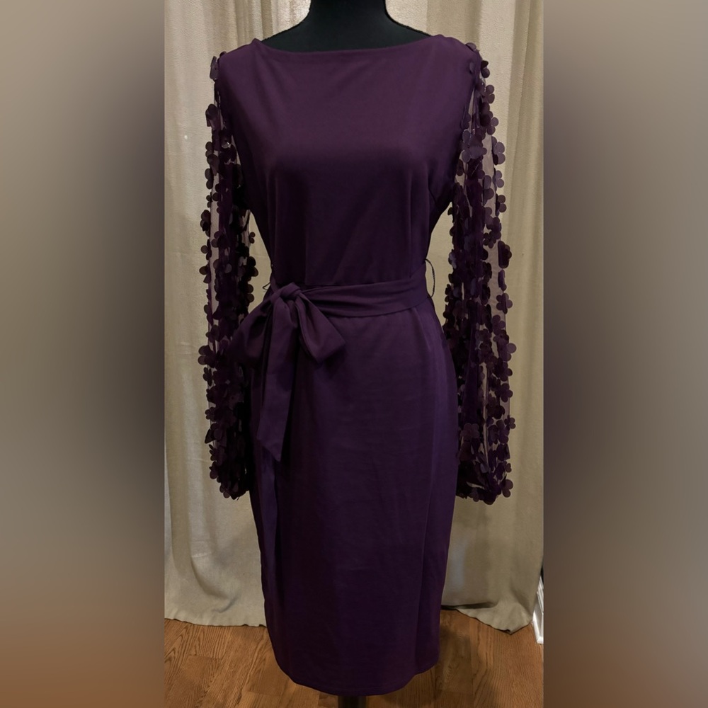 Women's Elegant Mesh Contrast Bishop Sleeve Bodycon Pencil Dress Large Purple